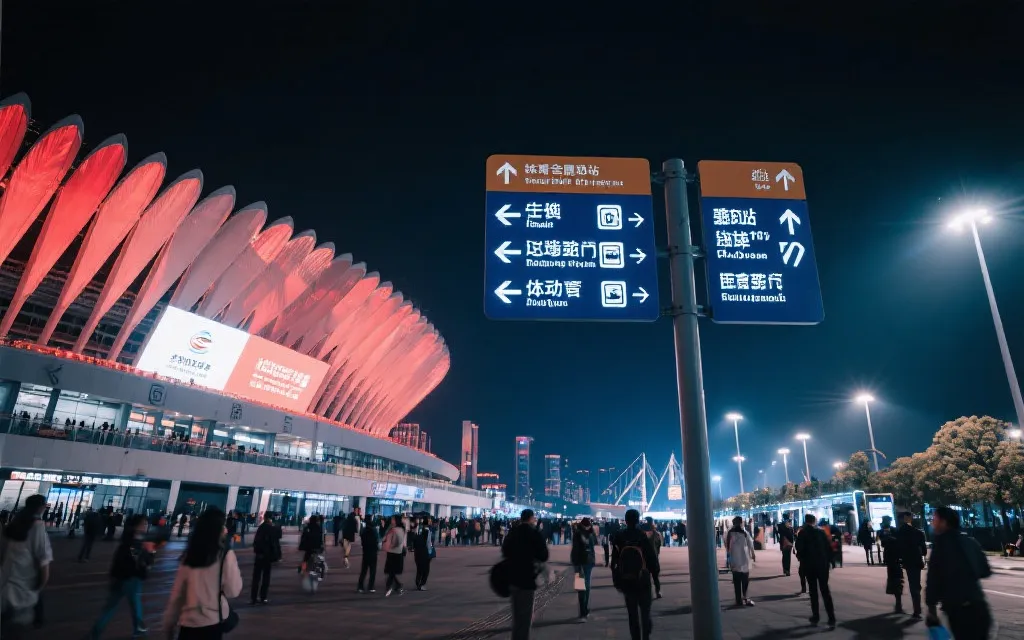 大型体育赛事的交通枢纽与人流导向，清晰导视牌、警戒线与夜景灯光，纪实风格